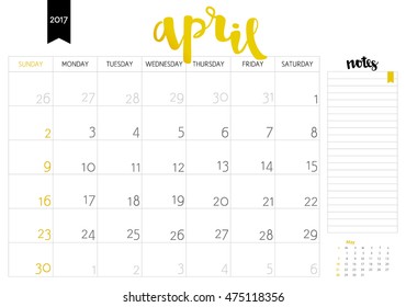 Vector simple planning calendar April 2017 with a place for notes. Weeks start on Sunday. Calligraphy brush lettering headline