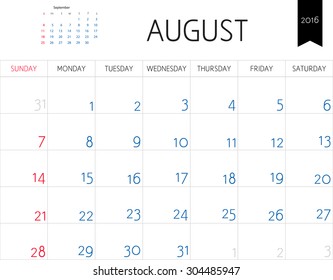 Vector simple planning calendar August 2016. Weeks start on Sunday