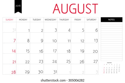 Vector simple planning calendar August 2016 with a place for notes. Weeks start on Sunday