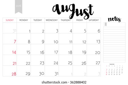 Vector Simple Planning Calendar August 2016 Stock Vector (Royalty Free ...