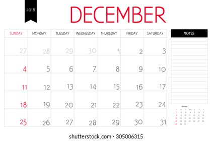 Vector simple planning calendar December  2016 with a place for notes. Weeks start on Sunday