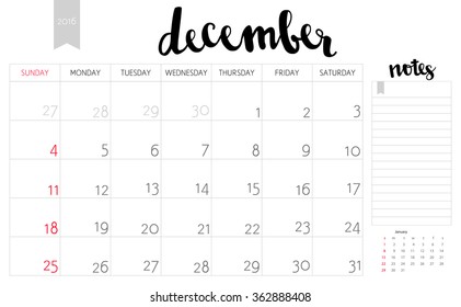 Vector simple planning calendar December  2016 with a place for notes. Weeks start on Sunday. Calligraphy brush lettering headline