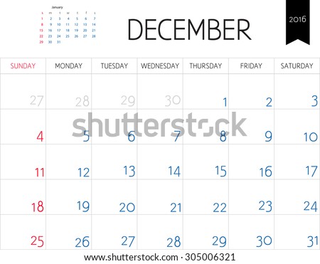 Vector simple planning calendar December 2016. Weeks start on Sunday