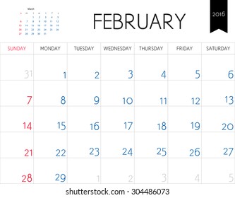 Vector simple planning calendar February 2016. Weeks start on Sunday