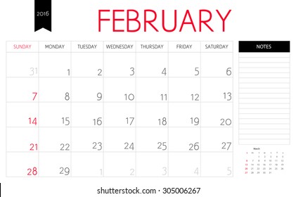 Vector simple planning calendar February 2016 with a place for notes. Weeks start on Sunday