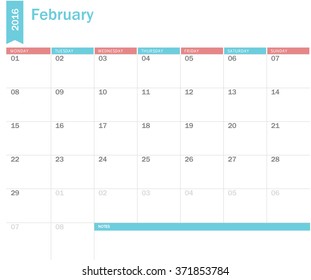 Vector simple planning calendar February 2016. Weeks start on Sunday