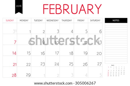 Vector simple planning calendar February 2016 with a place for notes. Weeks start on Sunday