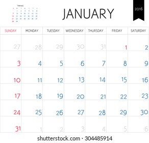 Vector simple planning calendar January 2016. Weeks start on Sunday