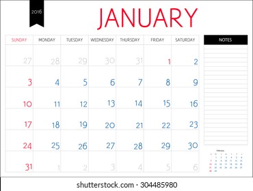 Vector simple planning calendar January 2016 with a place for notes. Weeks start on Sunday