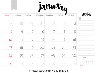 Vector simple planning calendar January 2016 with a place for notes. Weeks start on Sunday. Calligraphy brush lettering headline