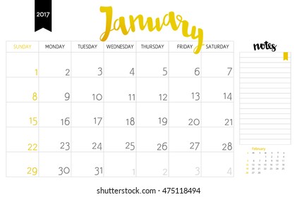 Vector simple planning calendar January 2017 with a place for notes. Weeks start on Sunday. Calligraphy brush lettering headline
