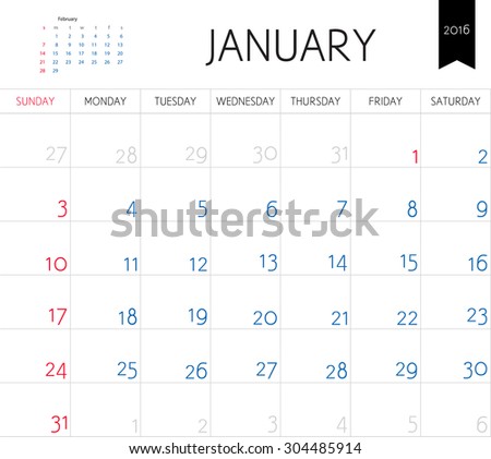 Vector simple planning calendar January 2016. Weeks start on Sunday