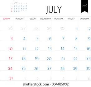 Vector simple planning calendar July 2016. Weeks start on Sunday