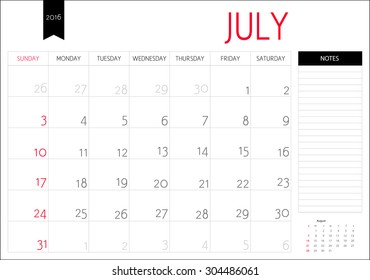 Vector simple planning calendar July 2016 with a place for notes. Weeks start on Sunday