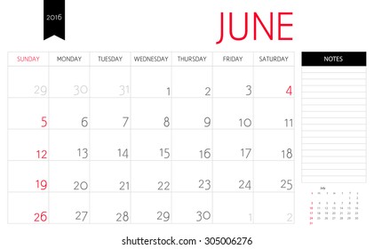 Vector simple planning calendar June 2016 with a place for notes. Weeks start on Sunday