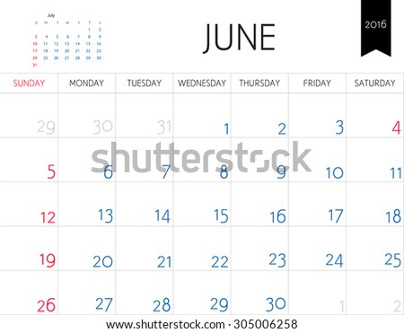 Vector simple planning calendar June 2016. Weeks start on Sunday