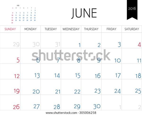 Vector Simple Planning Calendar June 16 Stock Vector Royalty Free