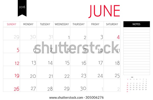 Vector Simple Planning Calendar June 16 Stock Vector Royalty Free