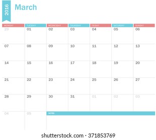 Vector simple planning calendar March 2016. Weeks start on Sunday