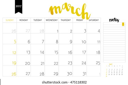 Vector simple planning calendar March 2017 with a place for notes. Weeks start on Sunday. Calligraphy brush lettering headline