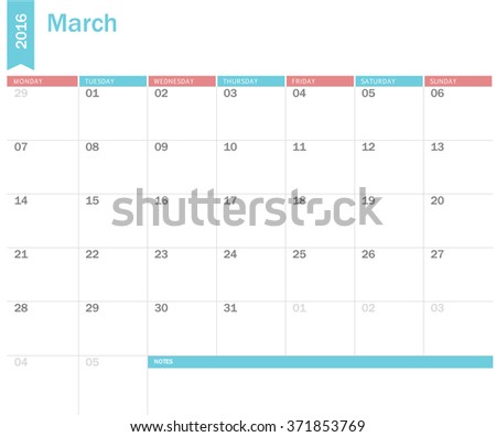 Vector simple planning calendar March 2016. Weeks start on Sunday