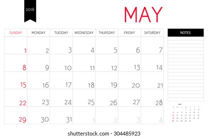 Vector simple planning calendar May 2016 with a place for notes. Weeks start on Sunday