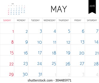 Vector simple planning calendar May 2016. Weeks start on Sunday
