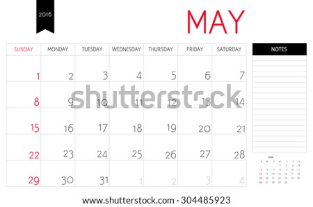 Vector simple planning calendar May 2016 with a place for notes. Weeks start on Sunday