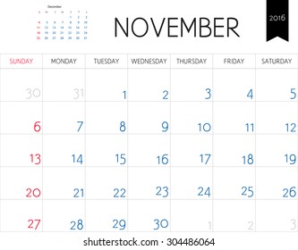 Vector simple planning calendar November 2016. Weeks start on Sunday