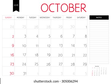 Vector simple planning calendar October 2016 with a place for notes. Weeks start on Sunday