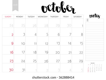 Vector simple planning calendar October 2016 with a place for notes. Weeks start on Sunday. Calligraphy brush lettering headline