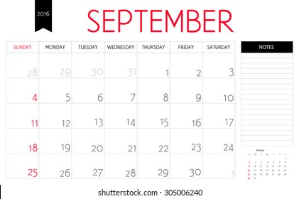 Vector simple planning calendar September 2016 with a place for notes. Weeks start on Sunday