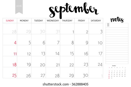 Vector simple planning calendar September 2016 with a place for notes. Weeks start on Sunday. Calligraphy brush lettering headline