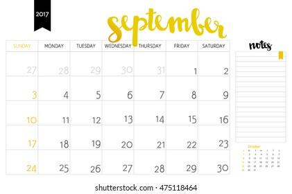 Vector simple planning calendar September 2017 with a place for notes. Weeks start on Sunday. Calligraphy brush lettering headline