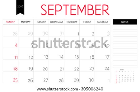 Vector simple planning calendar September 2016 with a place for notes. Weeks start on Sunday