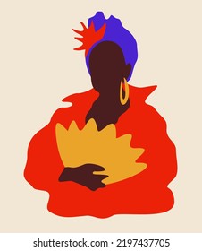 Vector simple portrait of black woman in turban with fan.