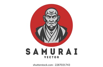 Vector simple portrait of a formidable evil samurai against the background of a red bloody sun. White isolated background. Sticker, icon or logo.