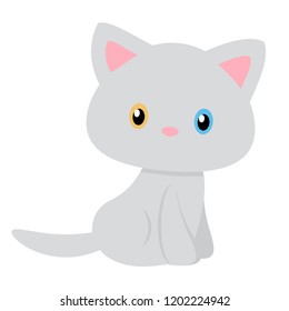 Vector of a simple and pretty gray cat with different colored eyes.