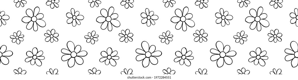 Vector simple primitive floral seamless pattern. Cute endless print with flowers drawn by hand. Sketch, doodle, scribble