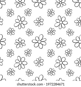 Vector simple primitive floral seamless pattern. Cute endless print with flowers drawn by hand. Sketch, doodle, scribble