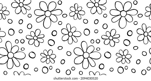 Vector simple primitive floral seamless pattern. Cute endless print with flowers drawn by hand. Sketch, doodle, scribble