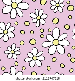 Vector simple primitive floral seamless pattern. Cute endless print with flowers drawn by hand. Sketch, doodle, scribble. Summer spring backgrounds and textures