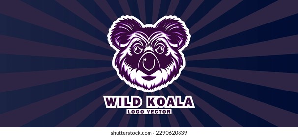 Vektor einfaches violettes Logo, der Kopf eines wilden brutalen australischen Koala. Porträt eines Bären. Aufkleber, Symbol oder Emblem.