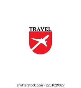 vector simple red travel logo with white airplane icon and black lettering