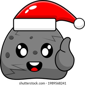 vector simple rock cartoon mascot character wearing a christmas hat