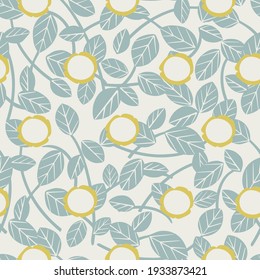 Vector simple rounded flower and leaf motif seamless repeat pattern white background 