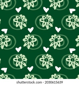 Vector simple rows of green cut out daisy flowers repeat pattern 06 with swirl background. Suitable for textile, gift wrap and wallpaper.