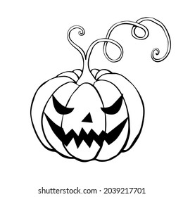 Vector simple scary spooky smiling Halloween pumpkin isolated. Jack o Lantern. Traditional contour decoration, symbol of holiday celebration in cartoon doodle style