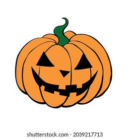 Vector simple scary spooky smiling Halloween pumpkin isolated. Jack o Lantern. Traditional decoration symbol of holiday celebration in cartoon flat style