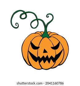 Vector simple scary spooky smiling Halloween pumpkin isolated. Jack o Lantern. Traditional decoration symbol of holiday celebration in cartoon flat style